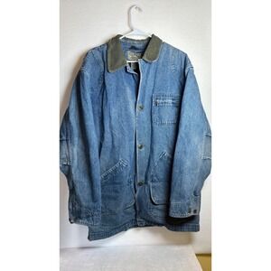 VINTAGE L.L. Bean Men's Tall Large Chore Coat Denim Barn USA Plaid Wool Lined